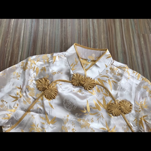 Satin Brocade Gold Bamboo Pattern 2pc Cheongsam QiPao Blouse & Skirt Set - Picture 4 of 5